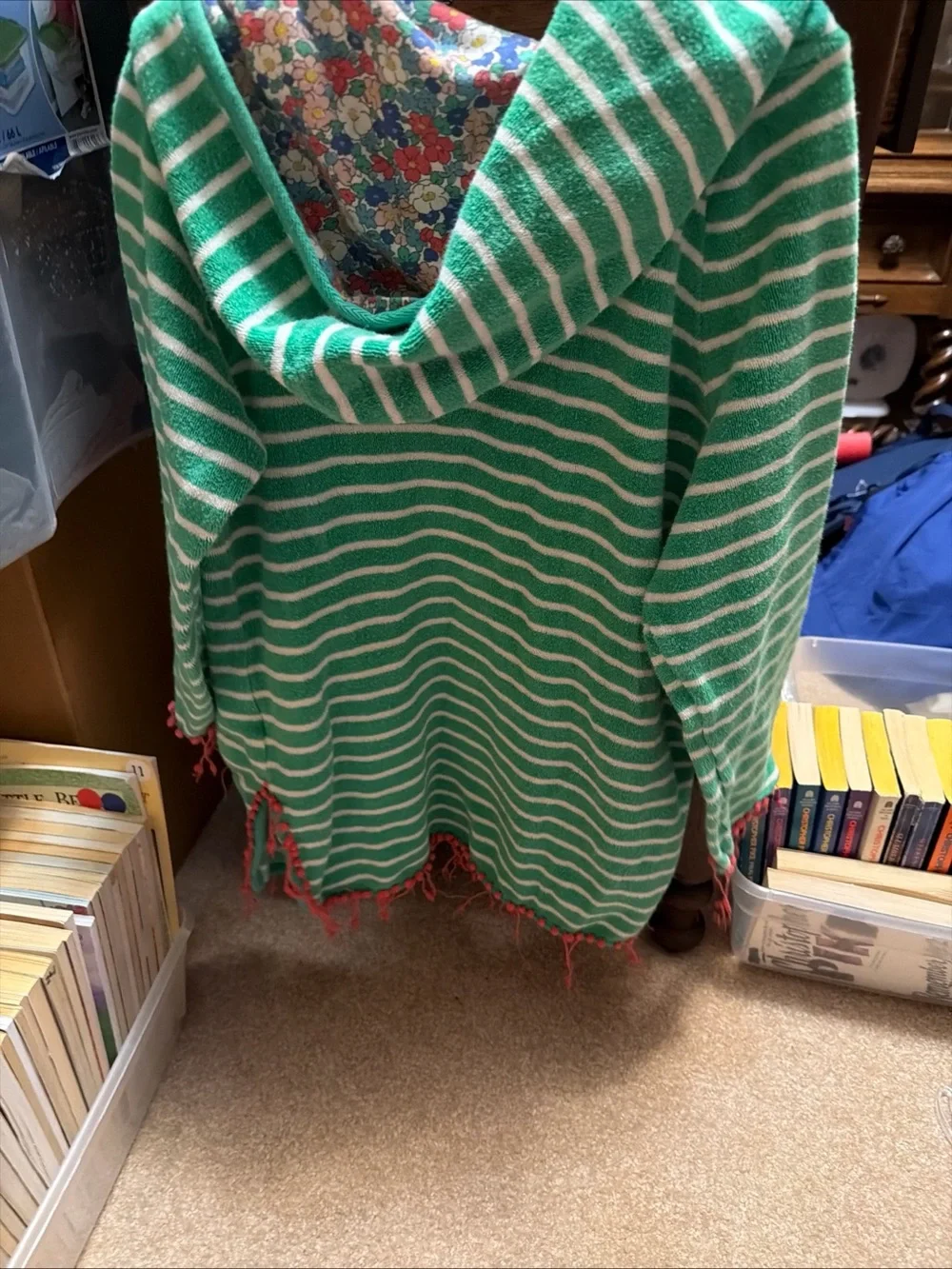 Boden Girls green and white striped terry towelling hoodie cover-up 7/8